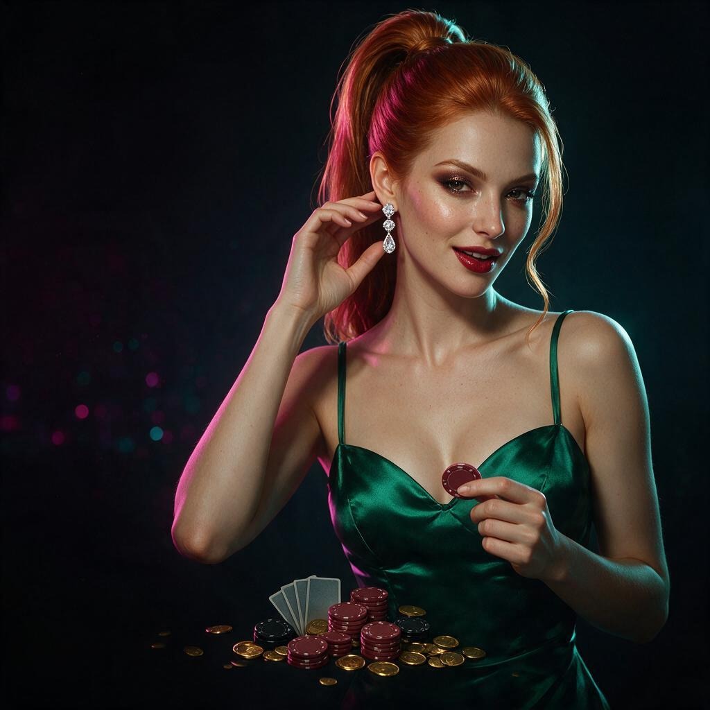 Red-haired woman in a green satin dress holding a casino chip beside stacks of chips, playing cards and gold coins
